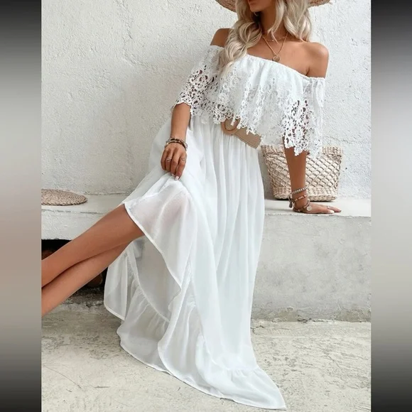 Boho white off shoulder lace ruffle hem maxi dress - Picture 5 of 6